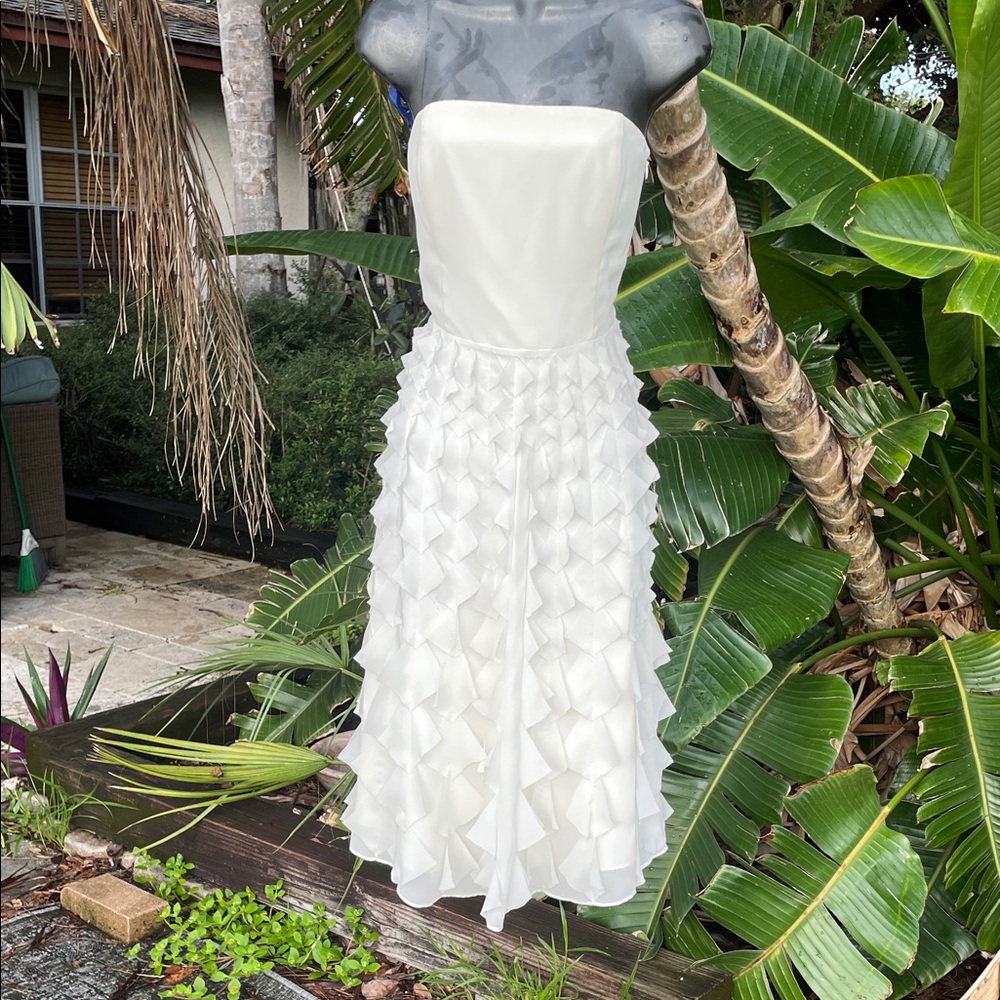 White House, black market strapless dress with ruffles